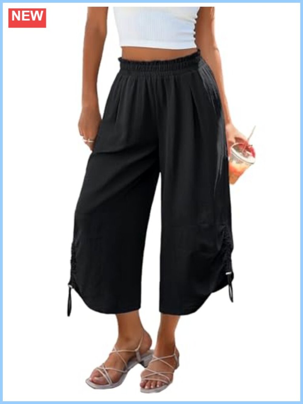 Wide Leg Capri Pants Flowy Palazzo Drawstring Pockets High Waist